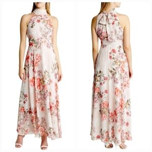 New Eliza J Blush Pink Chiffon Floral Halter Maxi Dress